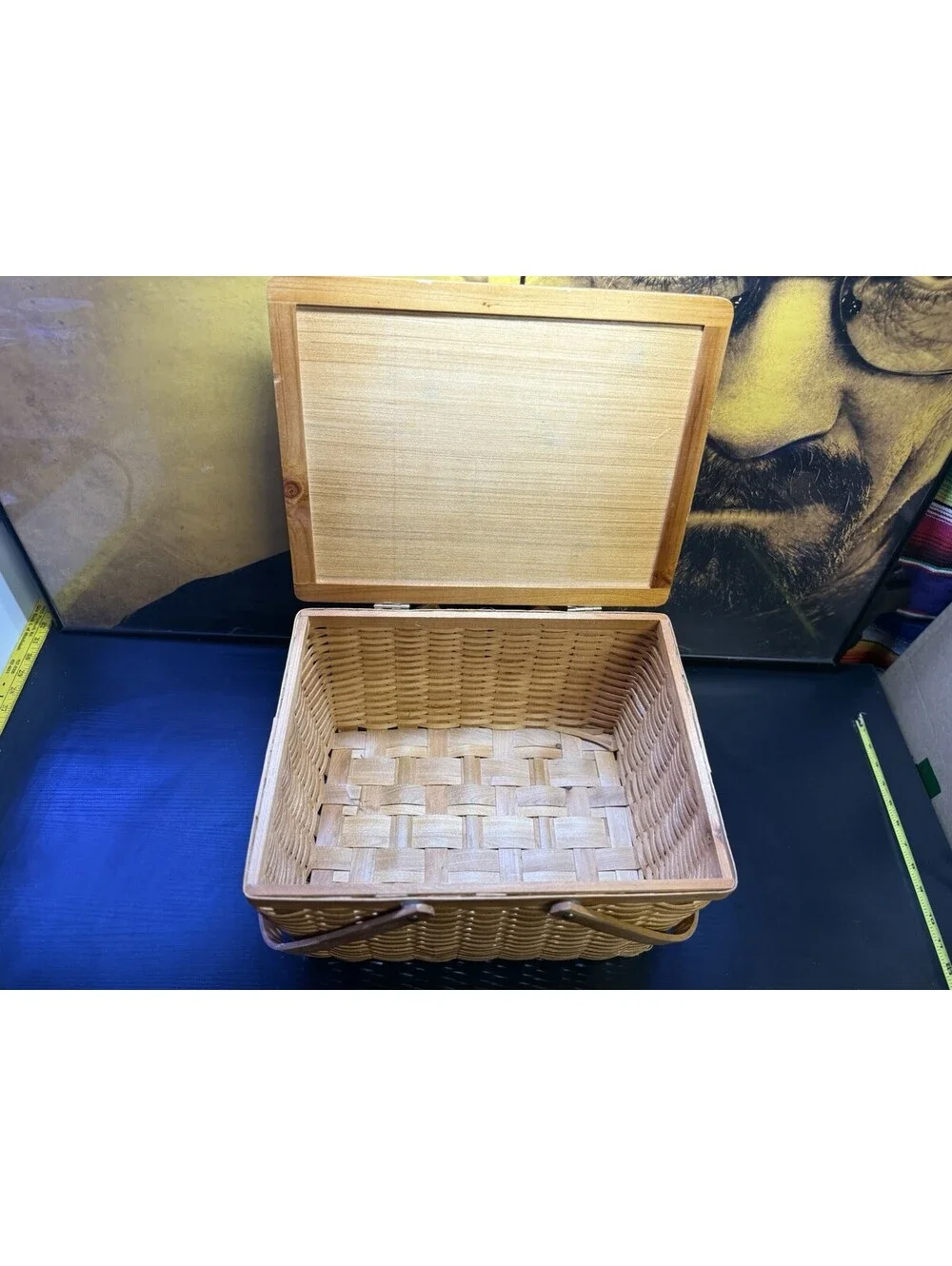 Vintage Woven Wood Picnic Basket Hinged Lid Dual Handles 15x11x9